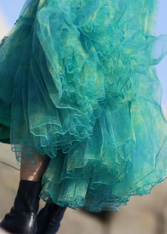 Elegant Green Ruffled Elastic Waist Tulle Skirt Spring Ada Fashion