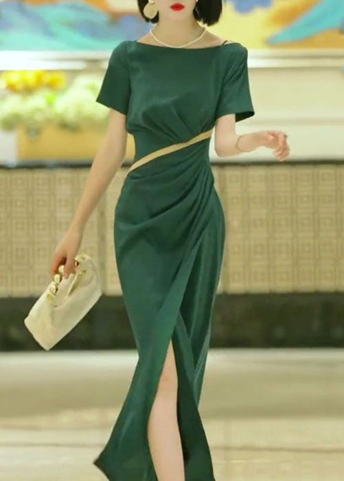 Elegant Green Slash Neck Slim Fit Cotton Dress Summer EE1017