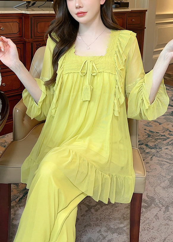 Collar Piece Pajamas Suit Square Green Up Elegant Tulle Lace Two
