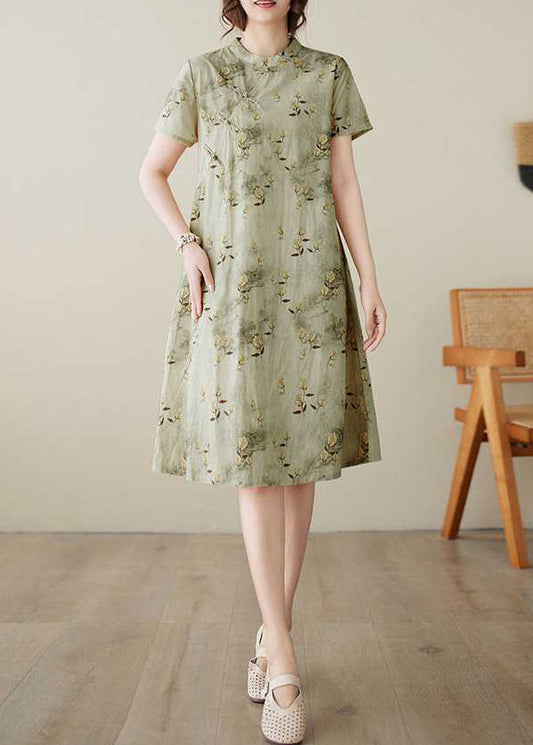 Cotton Elegant Button Dress Collar Print Summer Stand Green