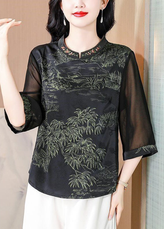 Elegant Green Stand Collar Print Silk Top Half Sleeve OP1057