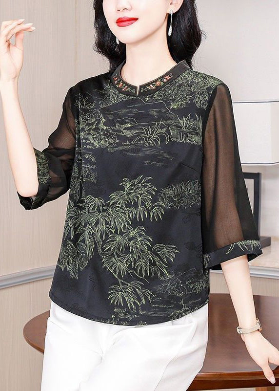 Elegant Green Stand Collar Print Silk Top Half Sleeve OP1057