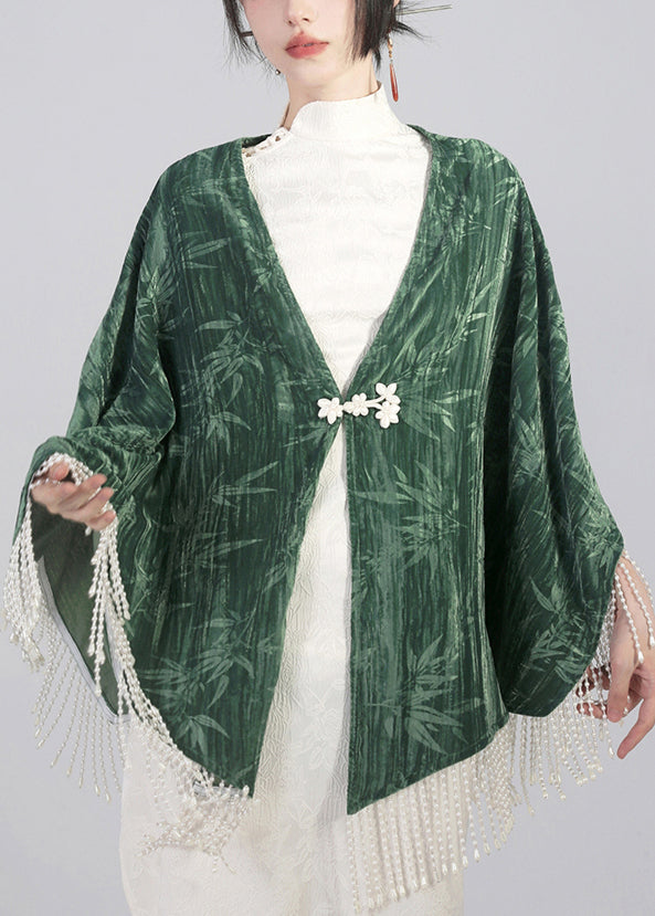 Elegant Green Tasseled Chinese Button Cotton Cape Coats Spring QA1019 Ada Fashion