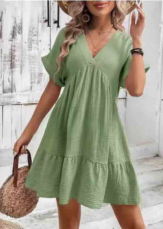 A V Green Line Neck Cotton Elegant Summer Dresses