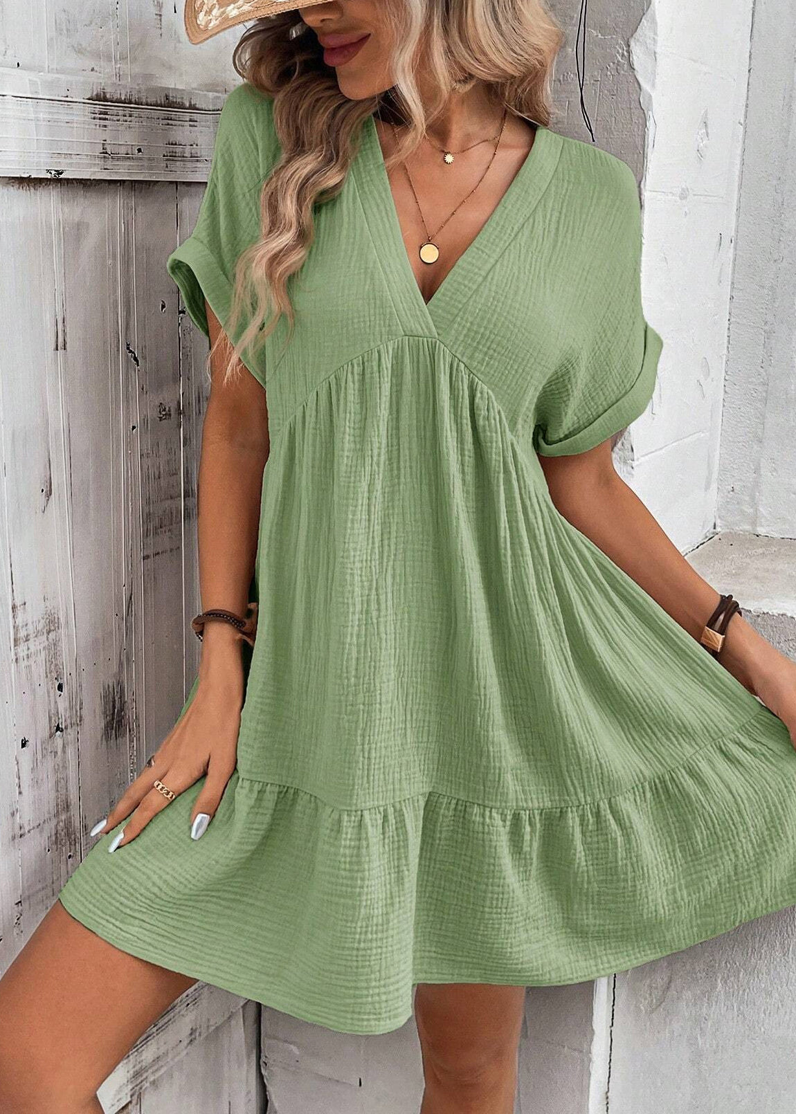 A V Green Line Neck Cotton Elegant Summer Dresses