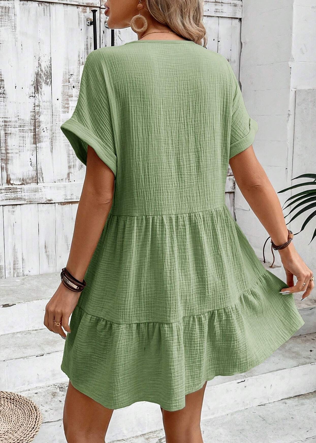 A V Green Line Neck Cotton Elegant Summer Dresses