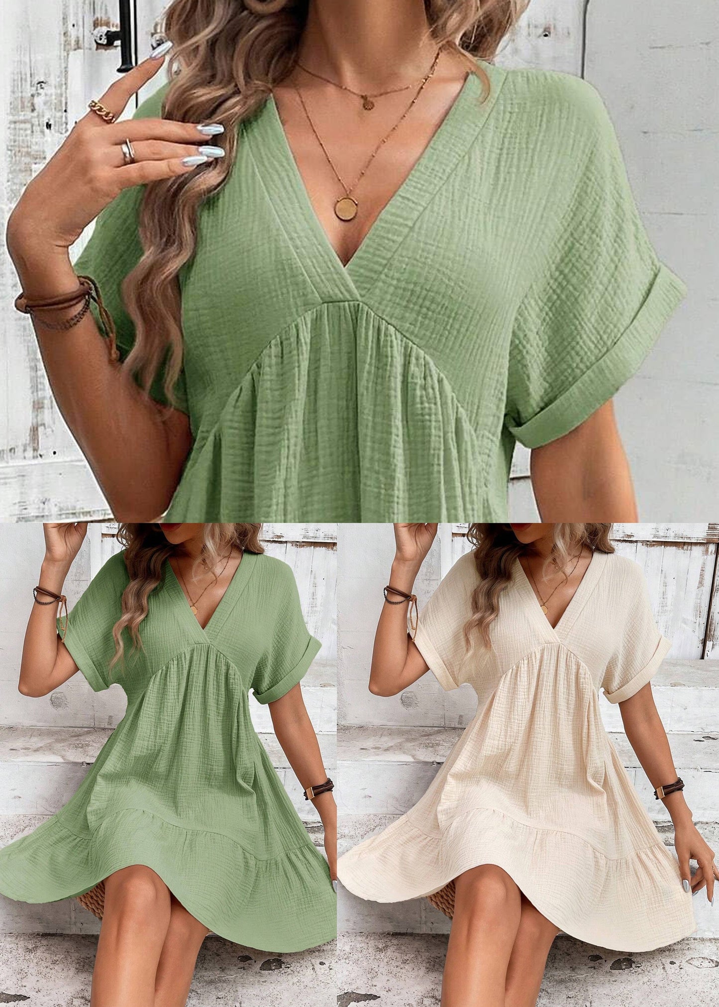 A V Green Line Neck Cotton Elegant Summer Dresses