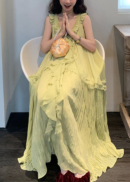 Neck Up Dress Lace Wrinkled V Green Chiffon Elegant Long