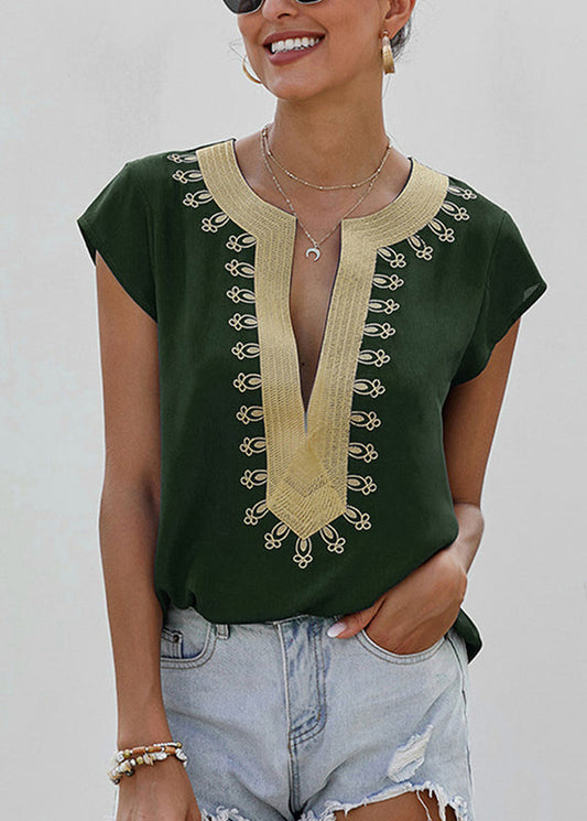V Patchwork Neck Green Shirts Summer Elegant