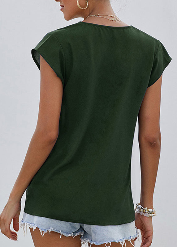 V Patchwork Neck Green Shirts Summer Elegant