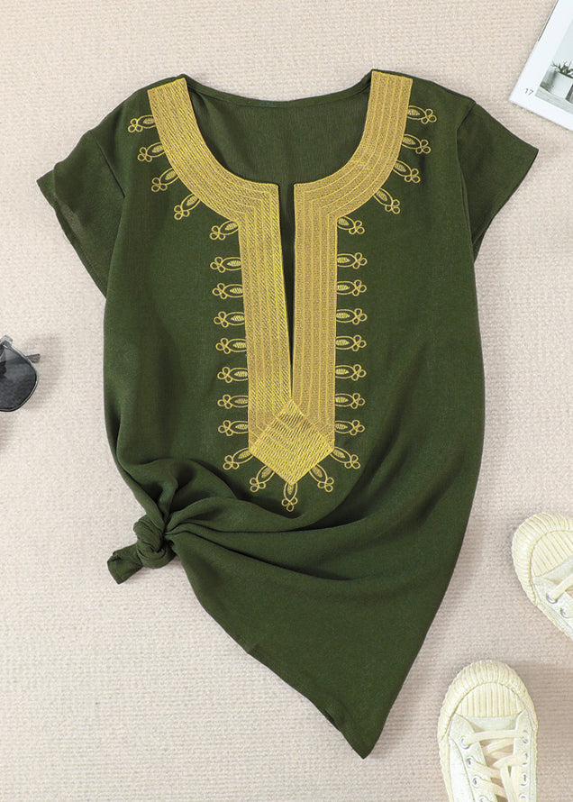 V Patchwork Neck Green Shirts Summer Elegant
