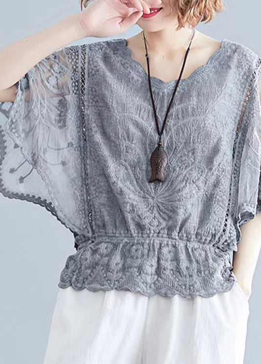 Elegant Grey Embroidered Hollow Out Cotton Top Batwing Sleeve GH1001