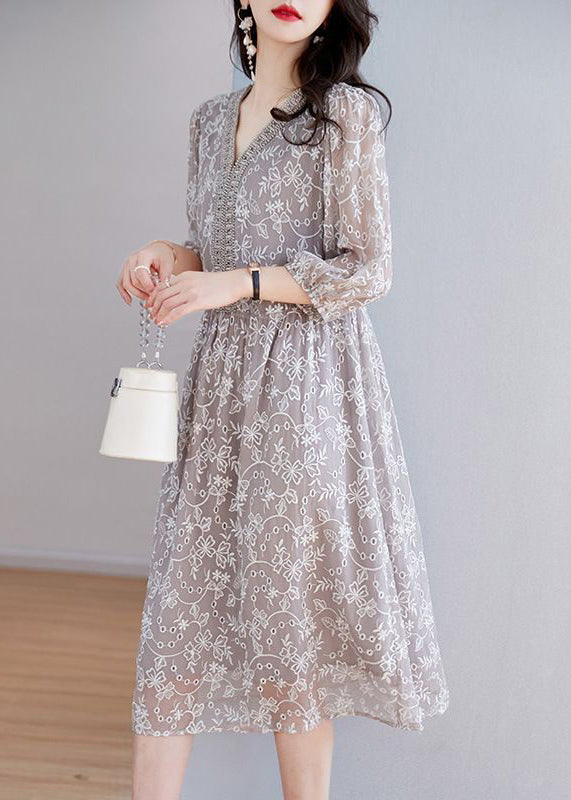 Elegant Grey Embroidered Nail Bead Patchwork Silk Dress Half Sleeve OP1054
