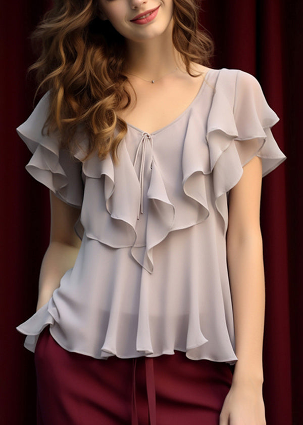 Elegant Grey Patchwork Ruffled Blouses Chiffon Summer