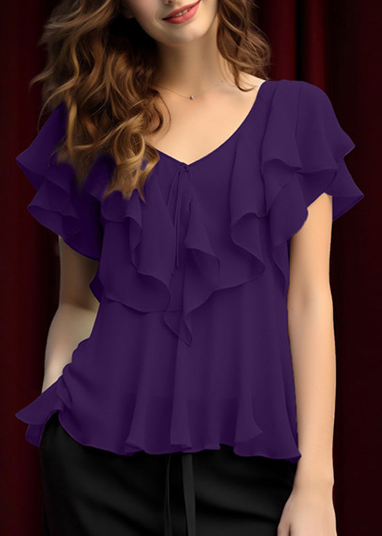 Elegant Grey Patchwork Ruffled Blouses Chiffon Summer