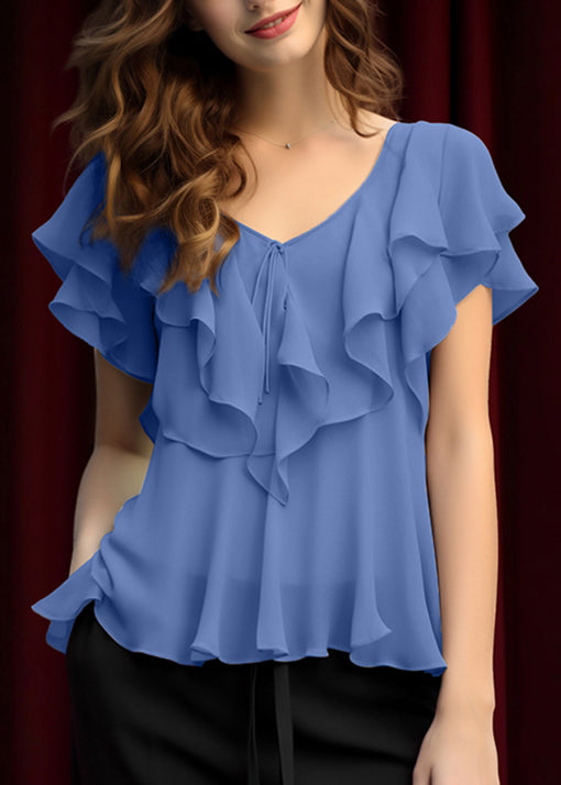 Elegant Grey Patchwork Ruffled Blouses Chiffon Summer