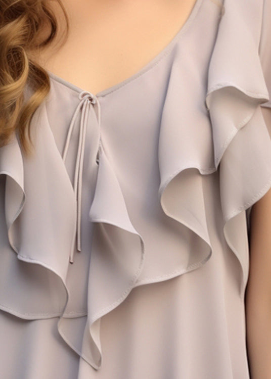Elegant Grey Patchwork Ruffled Blouses Chiffon Summer