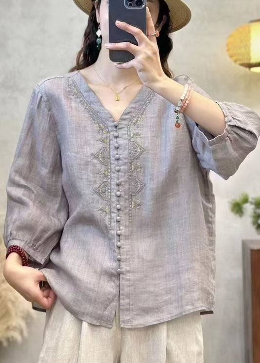 Sleeve Neck Bracelet Embroidered Elegant V Linen Shirts Grey