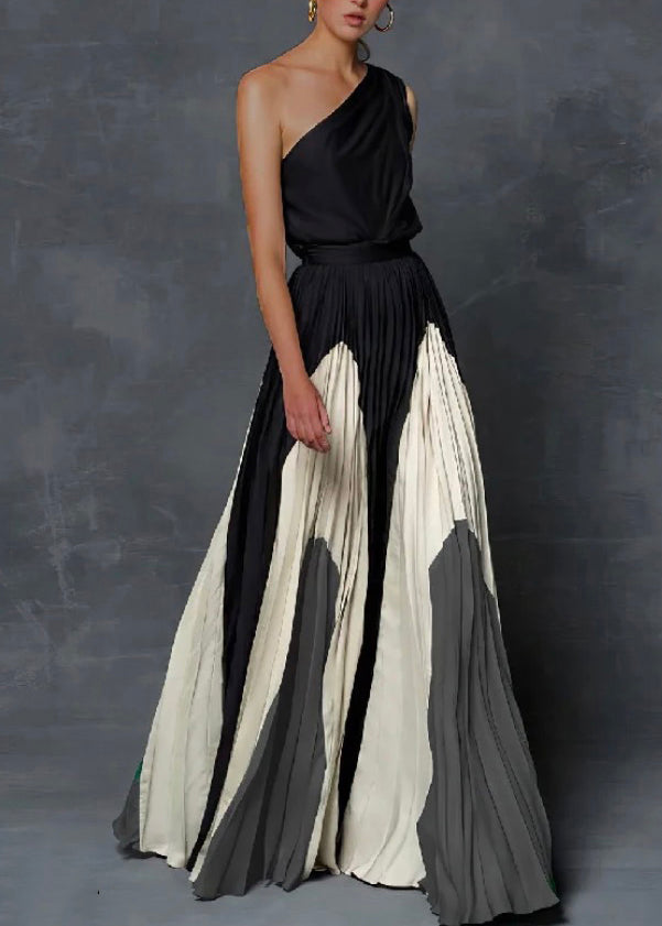 Cotton Ankle Sleeveless Patchwork Dress Grey Elegant Wrinkled