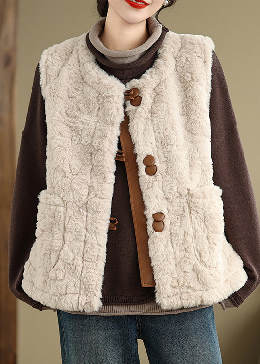 Elegant Khaki Button Pockets Teddy Faux Fur Waistcoat Sleeveless ER028