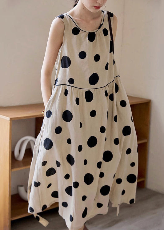 Khaki Pockets Cotton Dot Tie Elegant Waist Sleeveless Long Dress