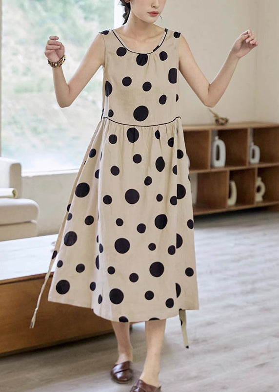 Khaki Pockets Cotton Dot Tie Elegant Waist Sleeveless Long Dress