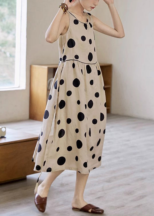 Khaki Pockets Cotton Dot Tie Elegant Waist Sleeveless Long Dress