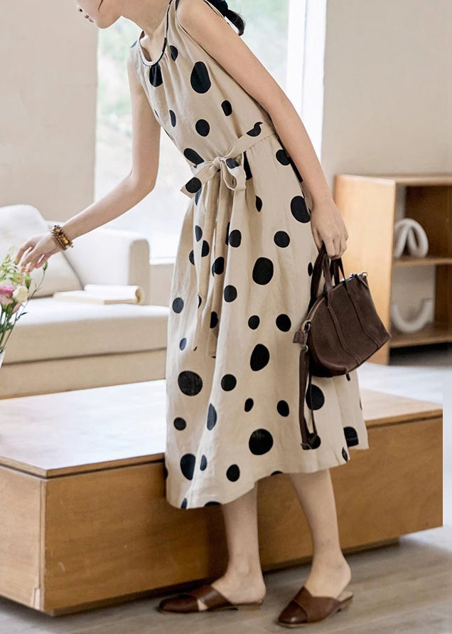 Khaki Pockets Cotton Dot Tie Elegant Waist Sleeveless Long Dress