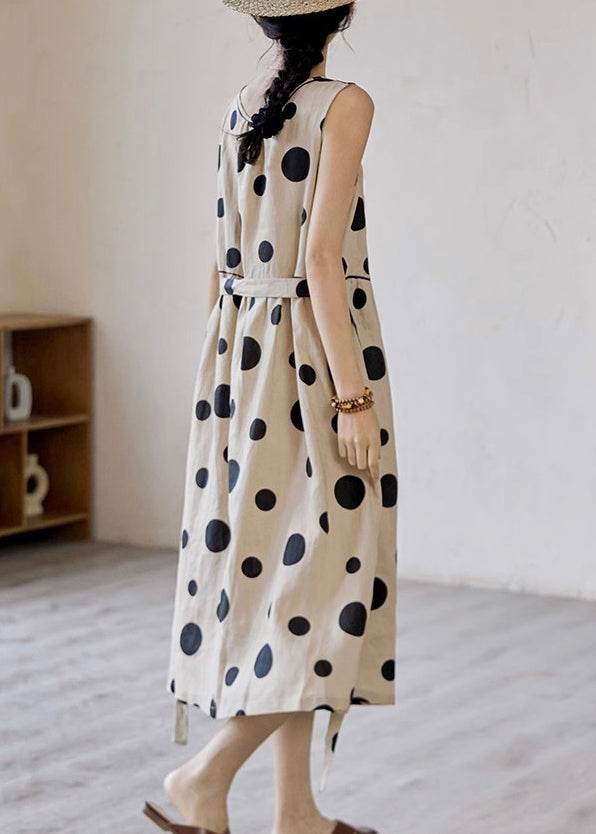 Khaki Pockets Cotton Dot Tie Elegant Waist Sleeveless Long Dress