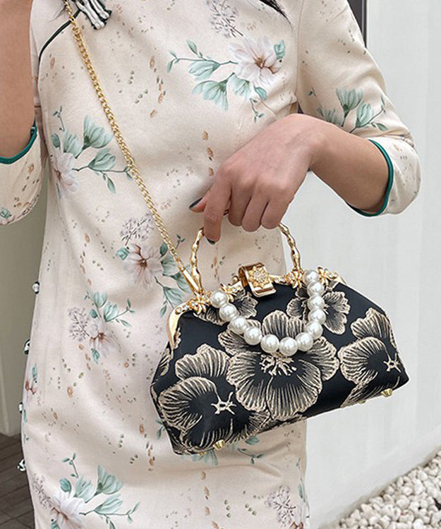 Khaki Tote Elegant Satin Handbag Pearl Zircon