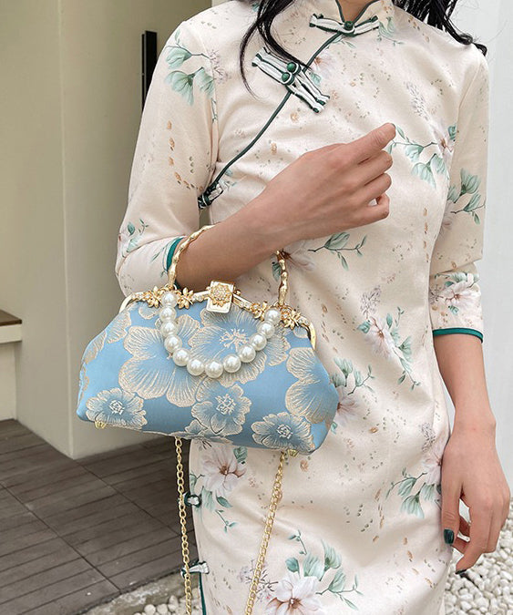 Khaki Tote Elegant Satin Handbag Pearl Zircon