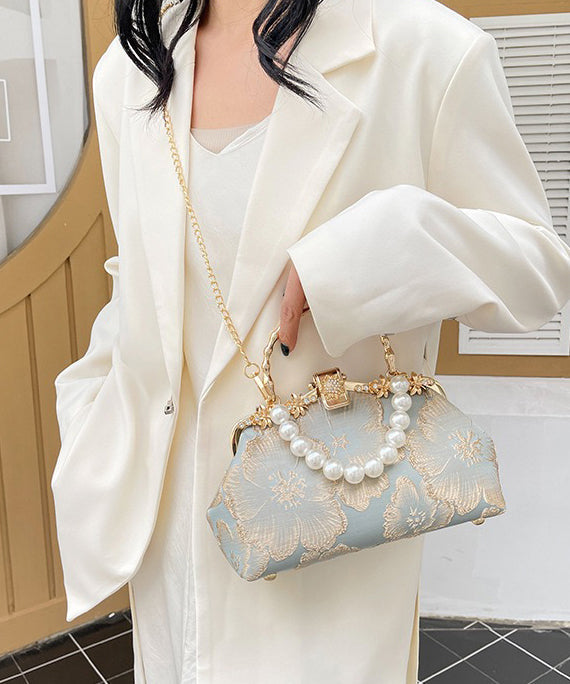 Khaki Tote Elegant Satin Handbag Pearl Zircon