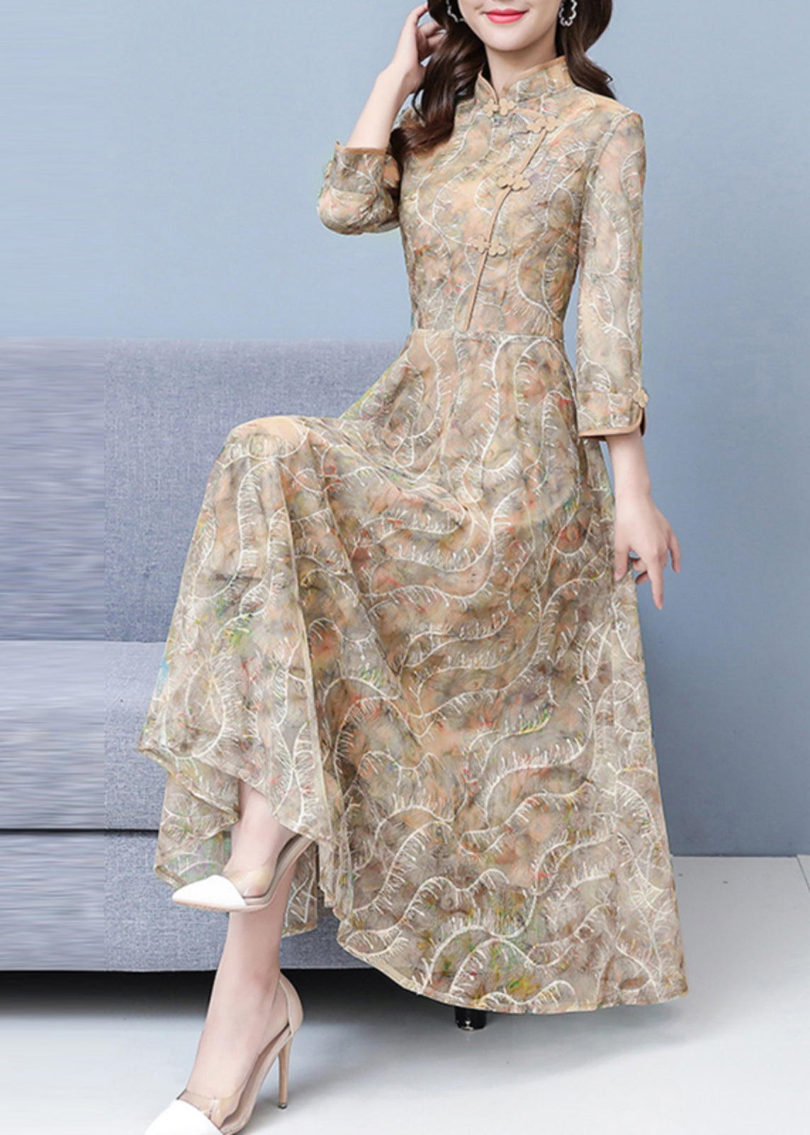 Elegantes orientalisches Kleid mit Spitze und extra großem Saum in Khaki-Optik, Frühling OO026