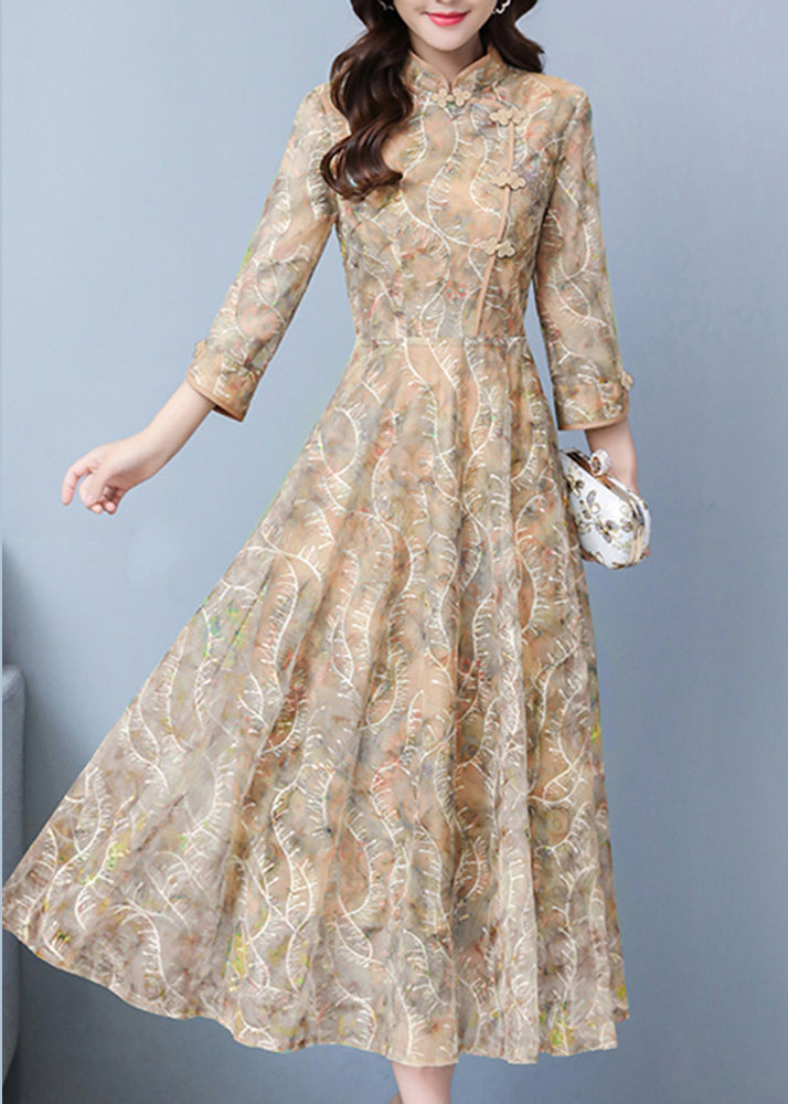 Elegantes orientalisches Kleid mit Spitze und extra großem Saum in Khaki-Optik, Frühling OO026