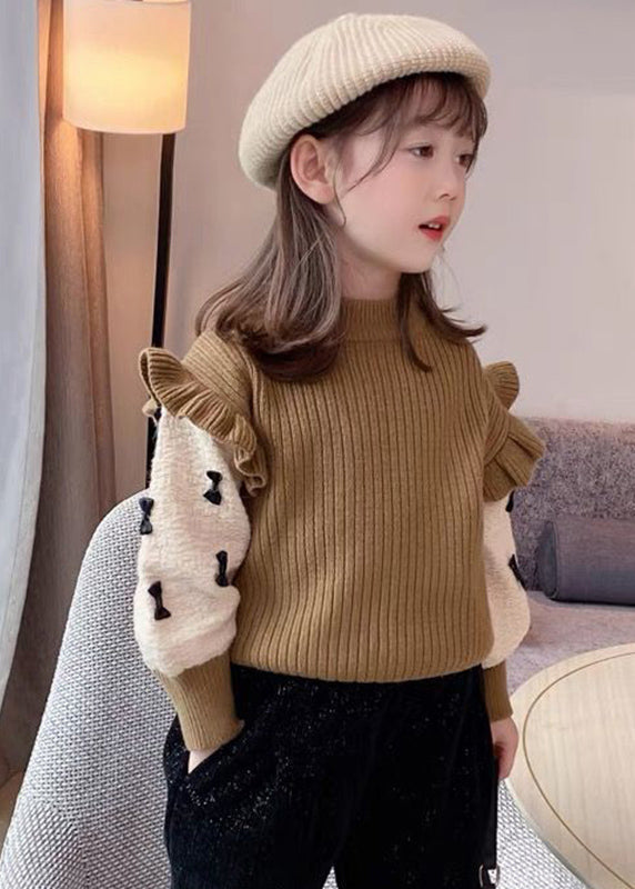 Elegant Khaki Ruffled Patchwork Bow Cotton Knit Kids Sweaters Winter WL046