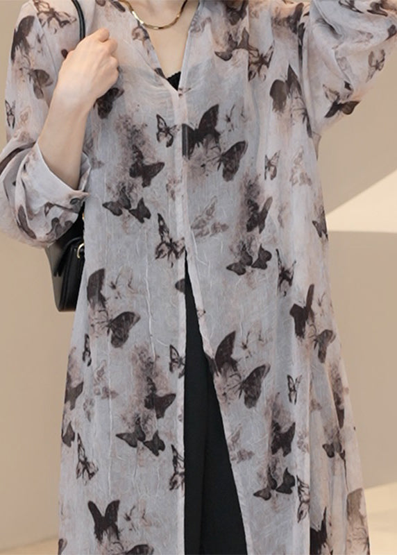 Elegant Light Brown V Neck Print Long Cardigan Summer UU1002