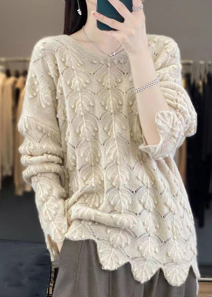 Elegant Light Camel V Neck Hollow Out Woolen Knit Sweaters Fall