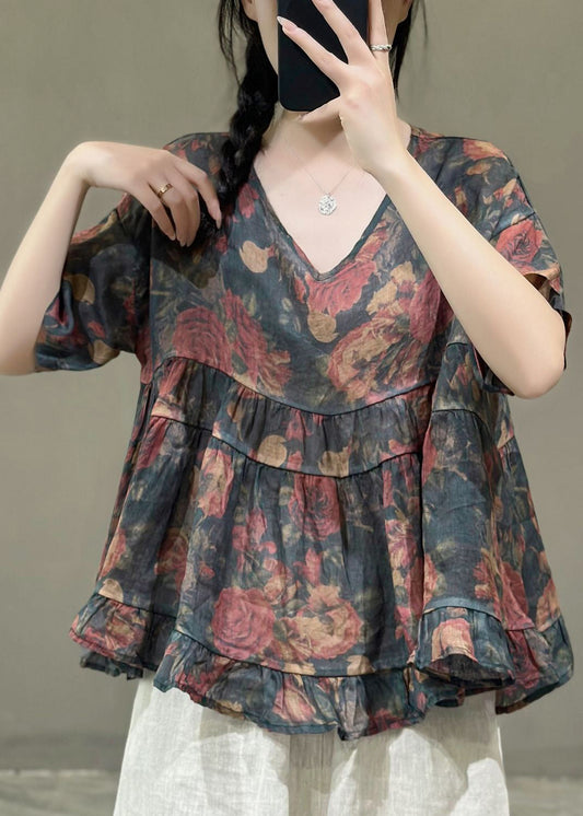 Elegant Navy V Neck Print Linen Top Short Sleeve SS018