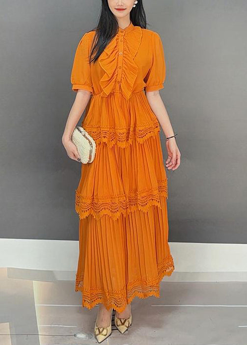 Elegant Orange Button Wrinkled Solid Long Dress Summer