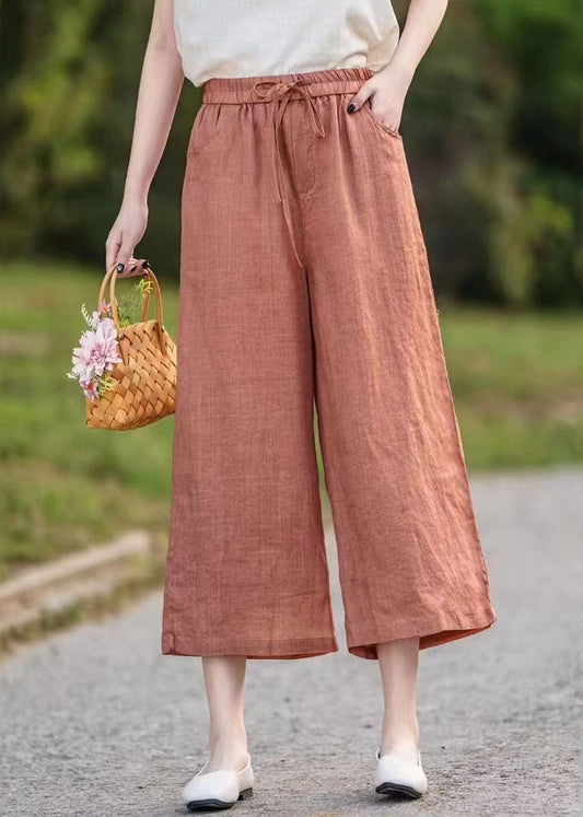 Pants Elegant Orange Elastic Crop Linen Waist Summer