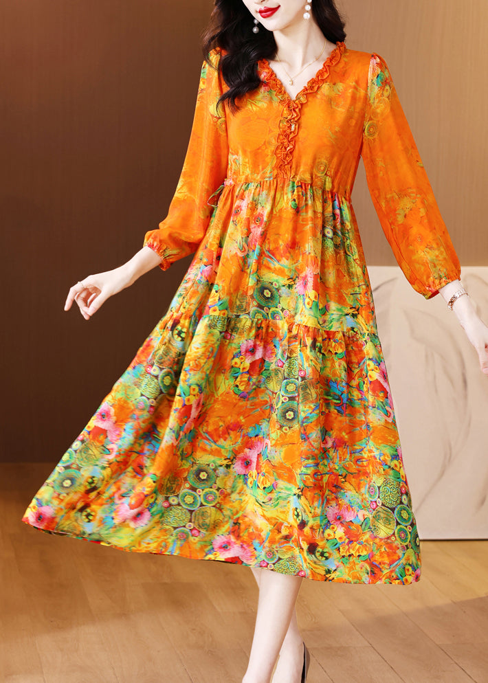 Elegant Orange Ruffled Print Patchwork Silk Long Dress Spring OP1040