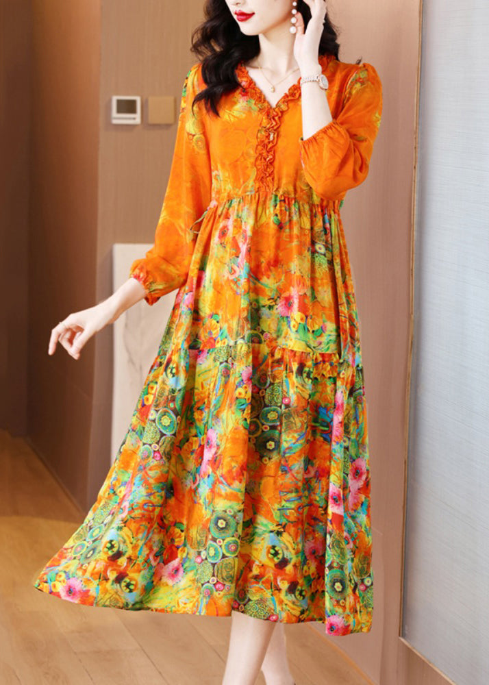 Elegant Orange Ruffled Print Patchwork Silk Long Dress Spring OP1040