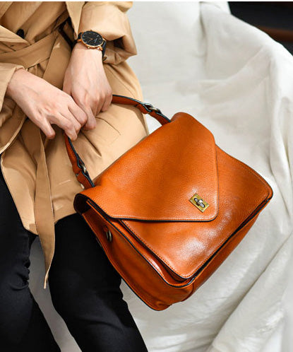 Leather Durable Orange Elegant Handbag Solid Tote