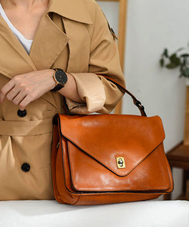 Leather Durable Orange Elegant Handbag Solid Tote