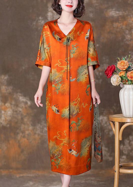 Elegant Orange V Neck Button Print Silk Long Dresses Summer OP1070