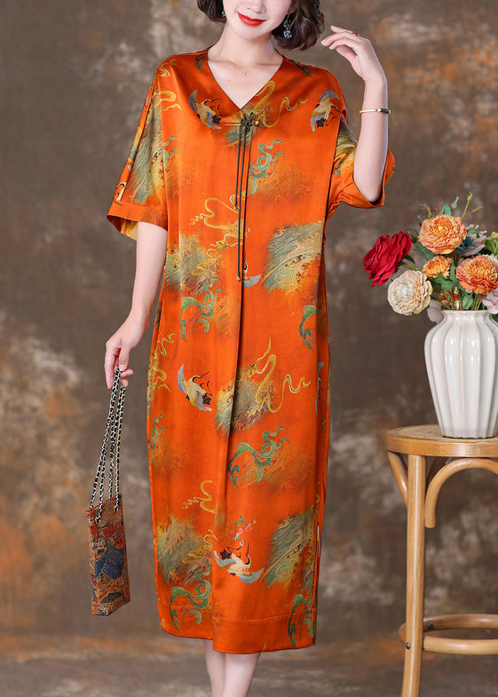 Elegant Orange V Neck Button Print Silk Long Dresses Summer OP1070