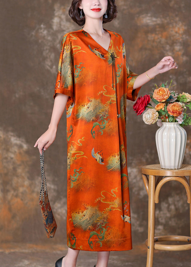 Elegant Orange V Neck Button Print Silk Long Dresses Summer OP1070