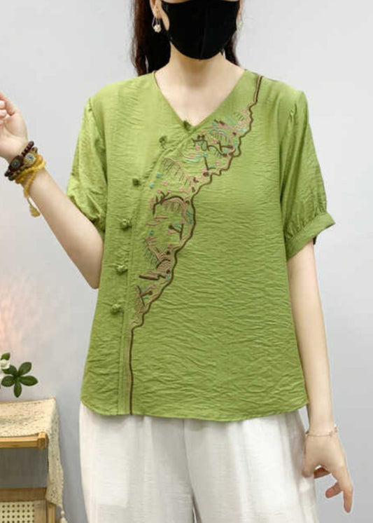 Elegant Pea Green Embroidered Button Linen Shirts Summer SS029
