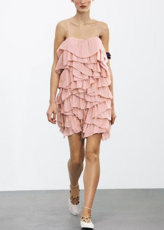 Cotton Pink Backless Elegant Spaghetti Layered Strap Dress