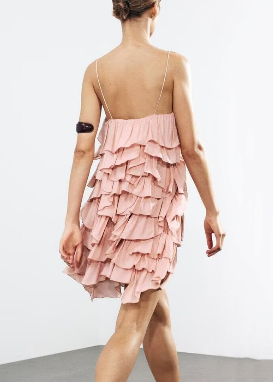Cotton Pink Backless Elegant Spaghetti Layered Strap Dress